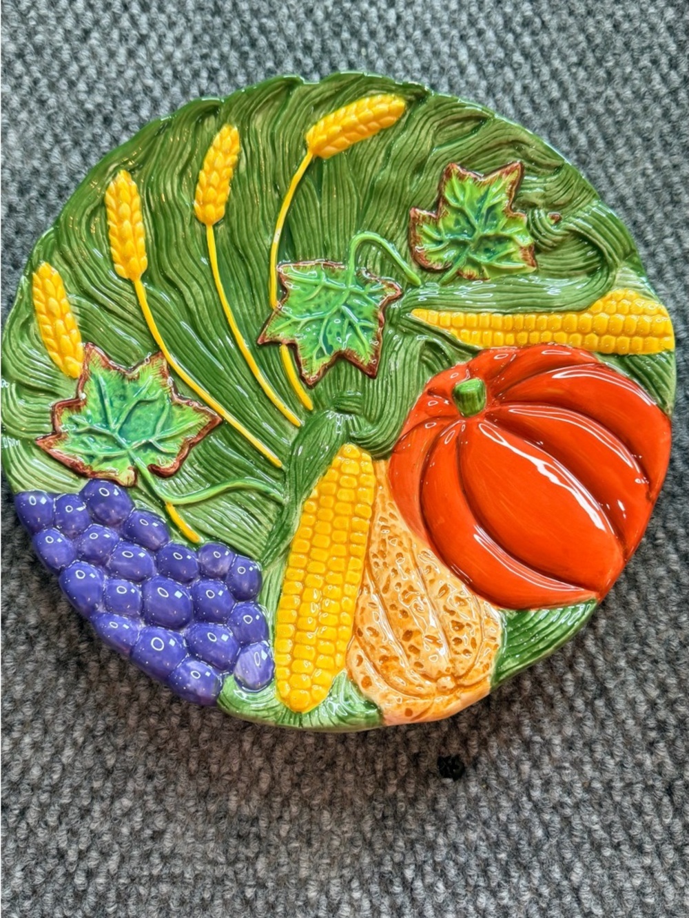 Set of 4 FIB Hand Painted Fall Harvest Plates Pumpkin Corn Grapes 8”